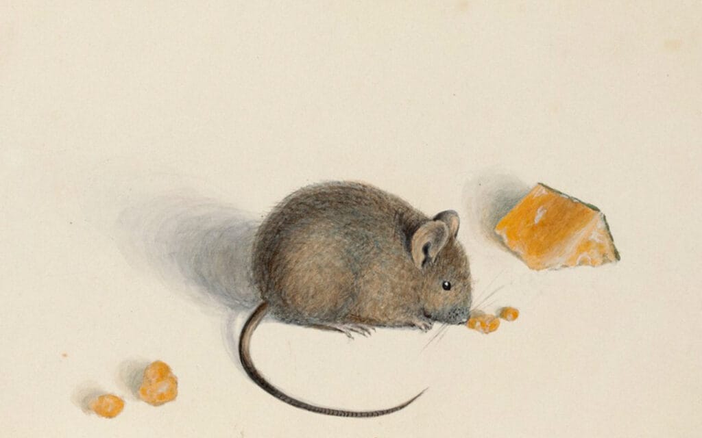 watercolour painting of a mouse eating cheese
