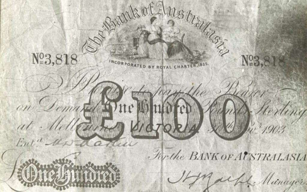 Part of a bank cheque for £100 from the Bank of Australasia