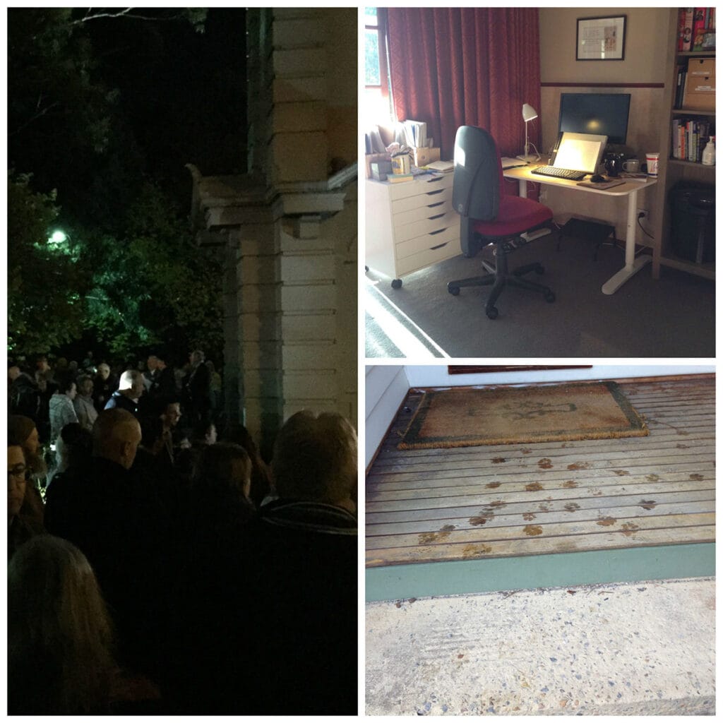 Collage of April 2016, from top left, ANZAC day dawn service, a tidy office, wet paw prints on the front verandah.