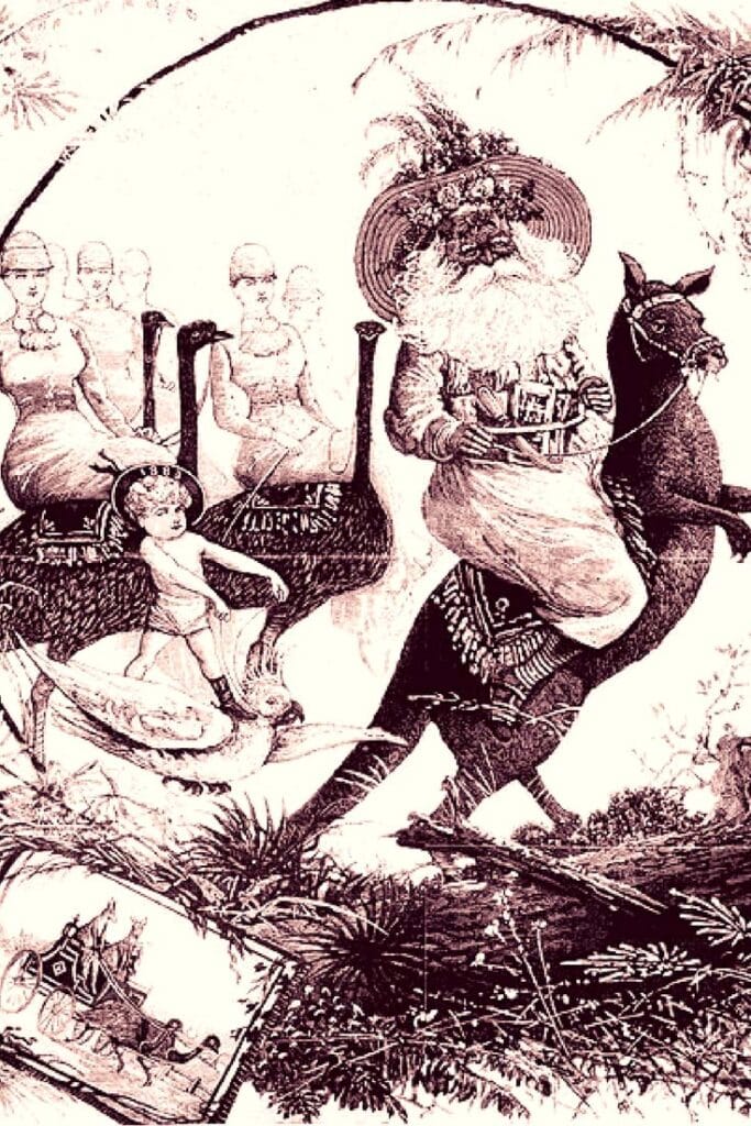Shows Father Christmas on kangaroo, followed by small child riding a cockatoo and women on emus.