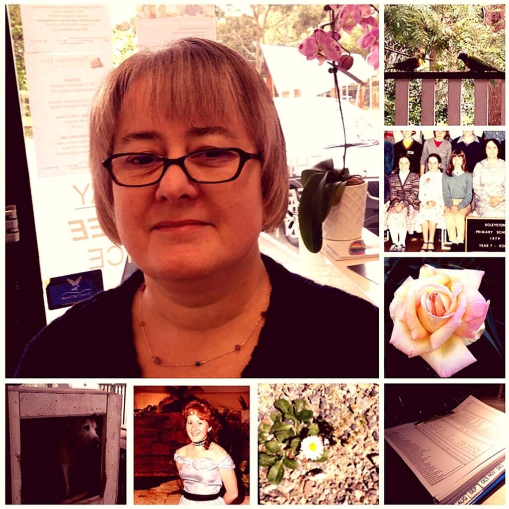 Collage of October 2016, from top left: middle aged woman with glasses, rainbow lorokeets, primary school photo from 1977, a rose, a spreadsheet, a lawn daiy in the driveway, prom photo, dog in a kennel.