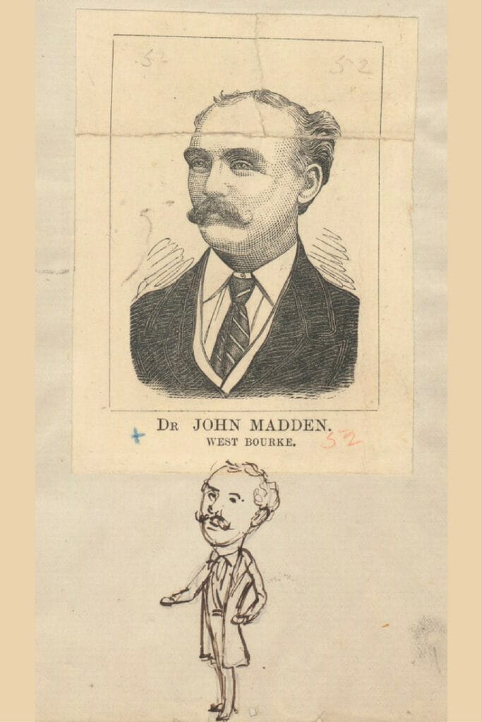A full length caricature of Dr John Madden drawn below a formal headshot of the man.