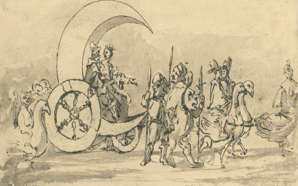 Procession, including animals, and moon shaped carriage, people wearing masks