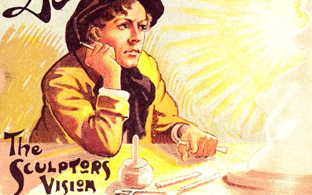 Coloured drawing of an artist sitting in front of a half finished figurine, cigarette in hand frowning at figurine. Light shone on the card reveals a female figure blowing a trumpet, a swan beside her.