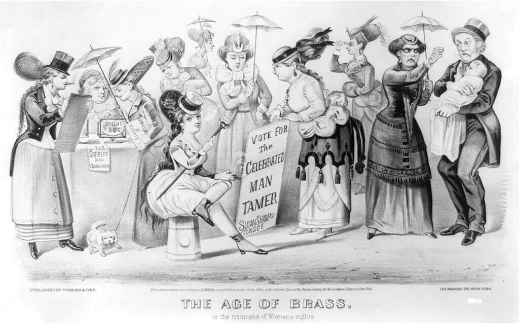 1869 Currier & Ives cartoon depicting female man tamer