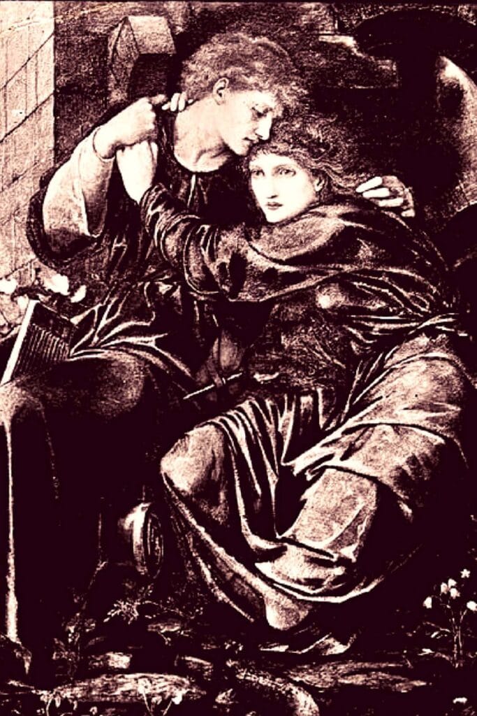 a sad man holds a sad woman in his lap