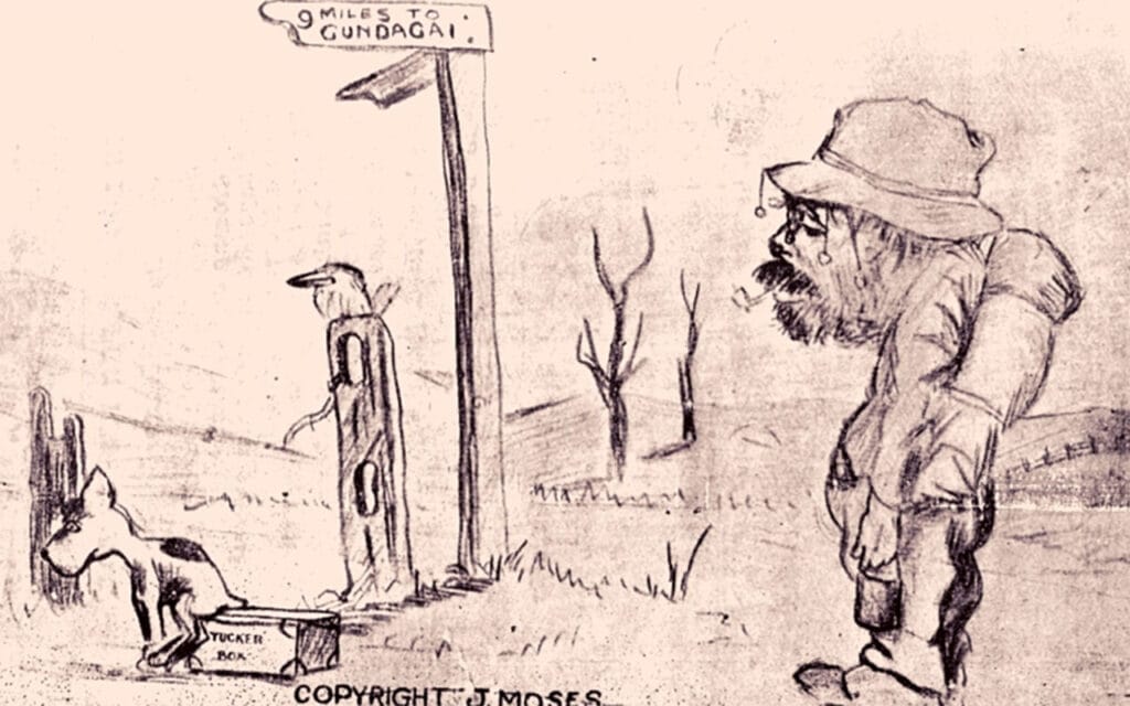 Drawing of Australian swagman, a dog sitting on a tuckerbox, and a signpost reading 9 miles from Gundagai