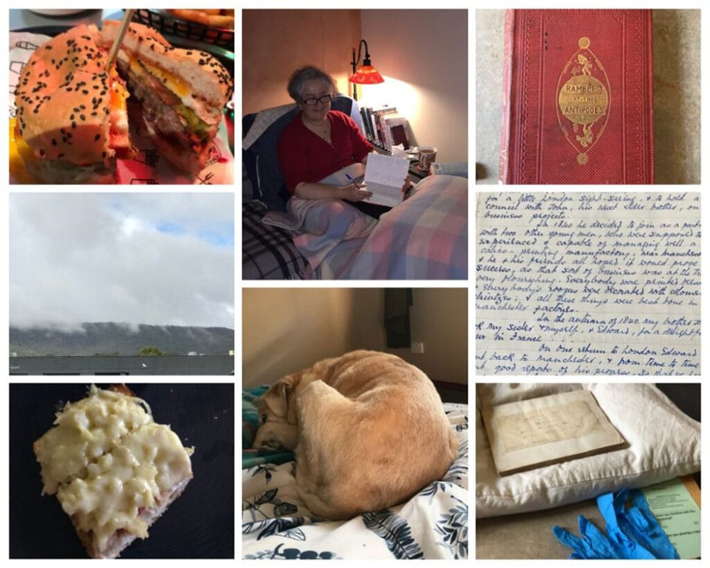 Collage of May 2019, from top left; a hamburger, woman in bed writing in a journal, lether bound cover of "Rambles at the Antipodes" illustrated with a man walking on a globe, handwritten page of Edward Wilson biography by his sister, handmade booklet on a pillow with gloves, dog on a bed, cheese in toast, clouds on hills.
