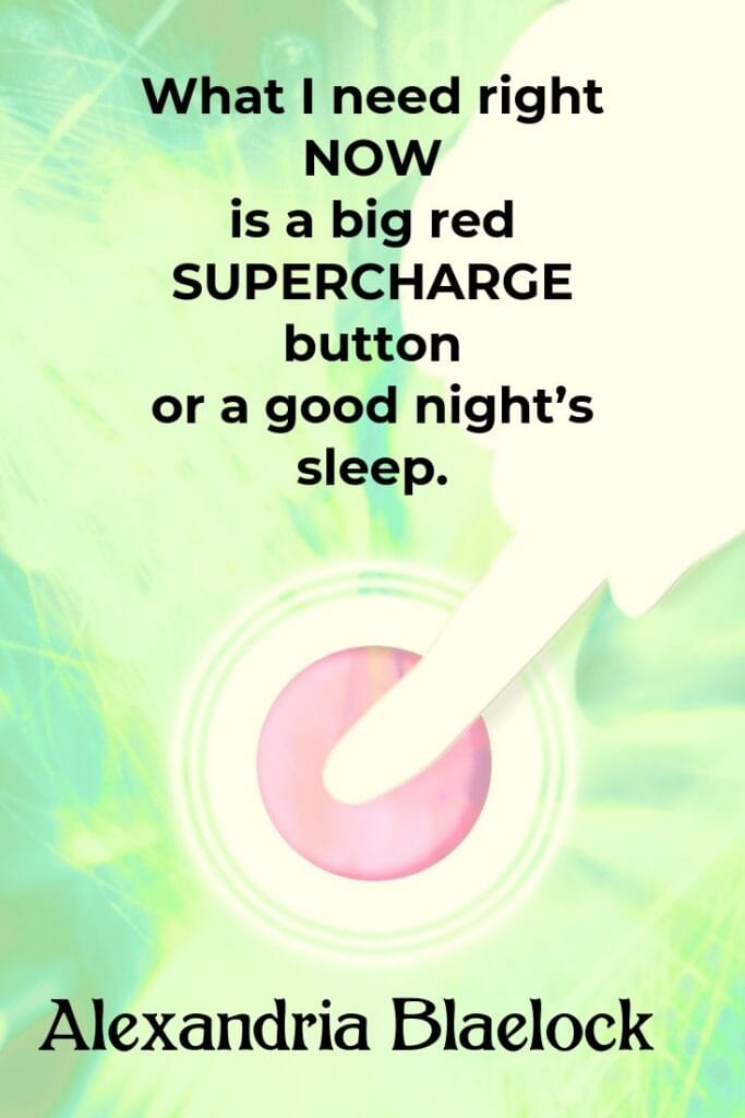 finger pushing a red button with the haiku what I need right now is a big red supercharge uttin on a good night's sleep."