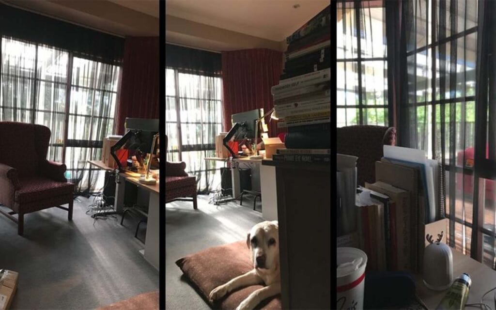 series of three photos of a room with a desk, comfy chair and cushion for dogs.