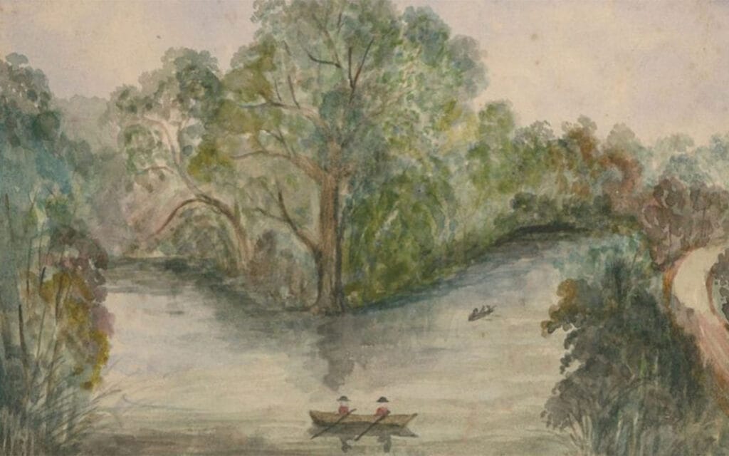 Two people in a rowboat at the fork of a river