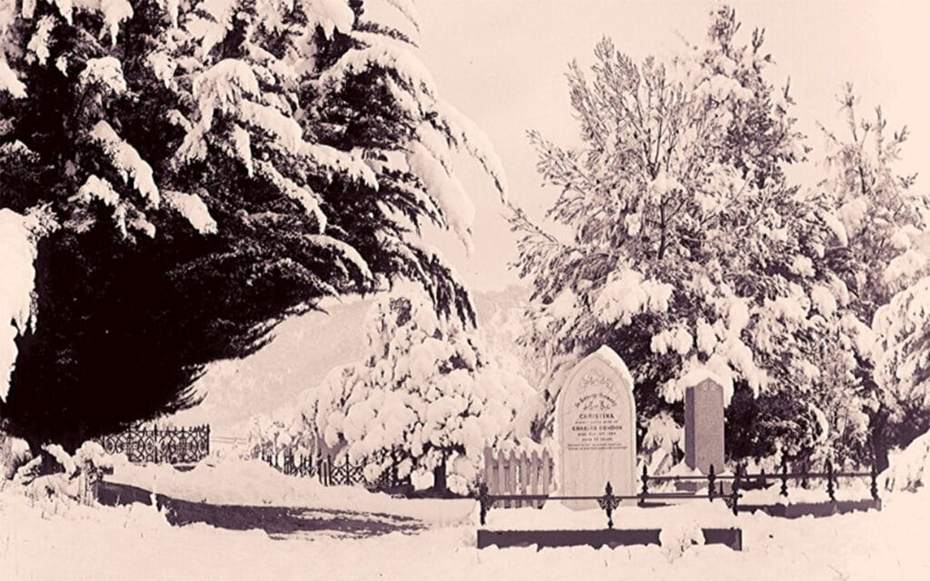 snow-covered graveyard showing headstone of Christina Condor, wife of Charles, who died in 1899