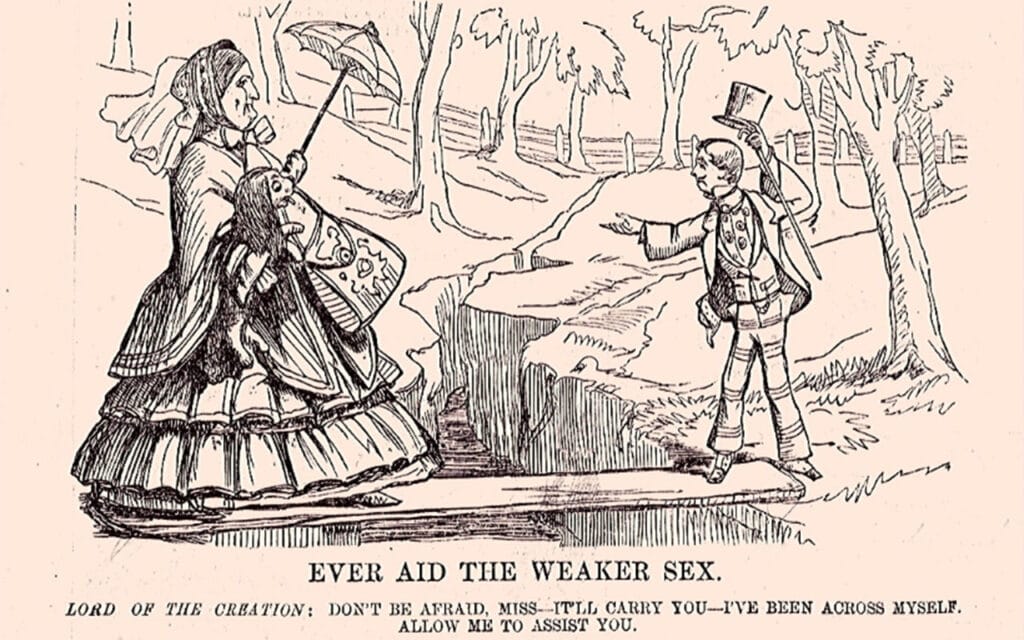 Shows man, referred to as "Lord of the creation" raising his hat and urging a large woman to cross a plank of wood which is a makeshift bridge over a ravine