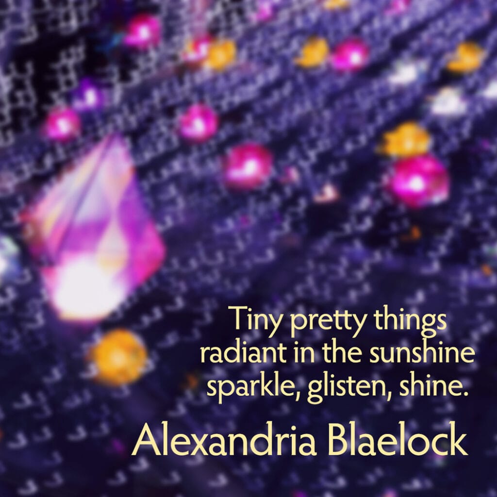 sparkly gems on fabric with the haiku tiny pretty things radiant in the sunshine sparkle, glisten, shine.