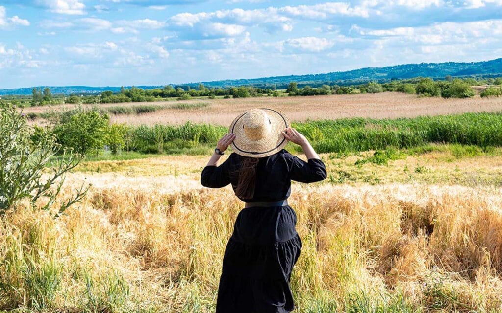 A woman in a black dress standing alone in a field