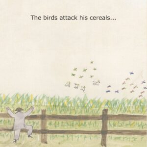 page 12 of Australia Felix shows a man shooing birds from his crops