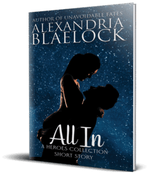The cover of All In by Alexandria Blaelock shows a man hugging a woman and holding her up in the air.