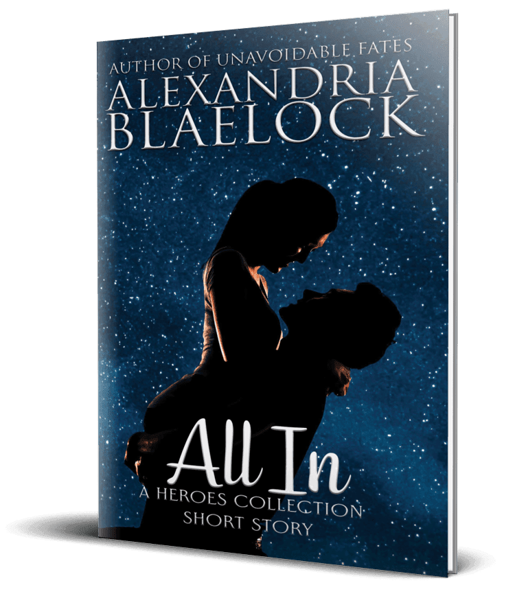 The cover of All In by Alexandria Blaelock shows a man hugging a woman and holding her up in the air.