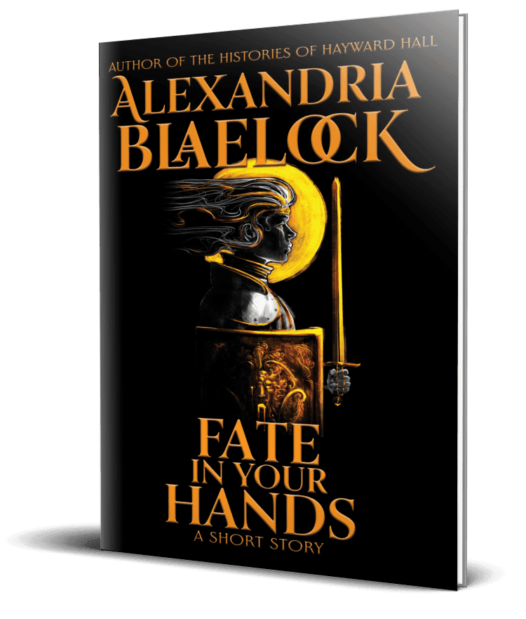 The cover of Fate in Your Hands by Alexandria Blaelock shows a man holding a sword and a shield.