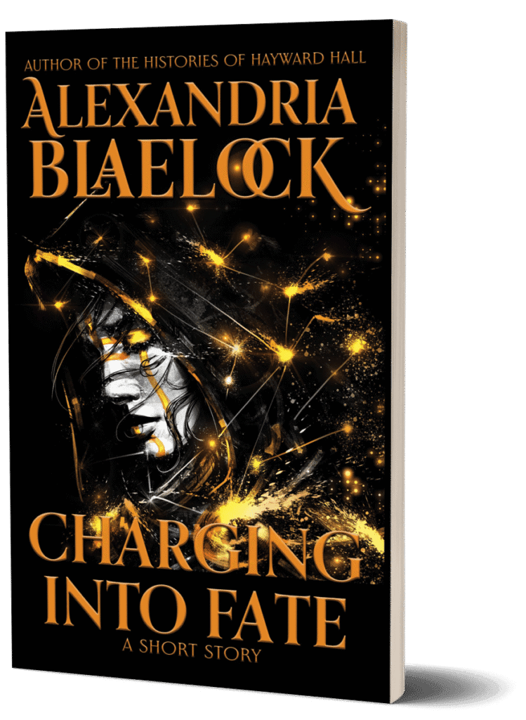 The cover of Charging into Fate by Alexandria Blaelock shows a woman's face partially concealed by a cloak.