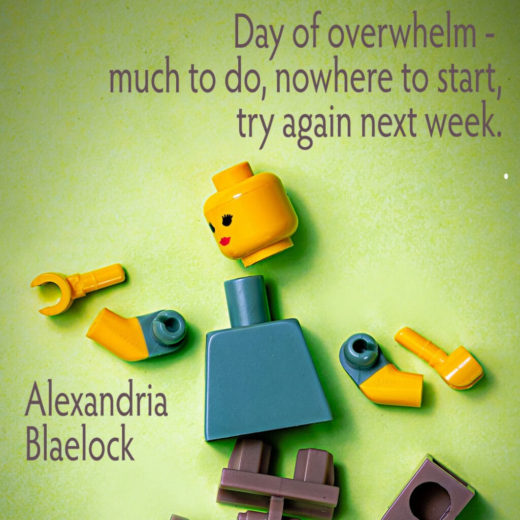 Dissembled Lego lady with its arms and legs spread apart from its body and the haiku "day of overwhelm - much to do, nowhere to start, try again next week."