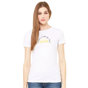 white women's fit t-shirt on model features a line drawing of a book with the words "There's a book for that."