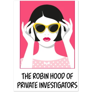 shows an image of a woman holding her sunglasses with the text "The Robin Hood of private investigators" and the website alexandriablaelock.com