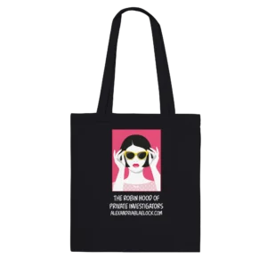 shows an image of a woman holding her sunglasses with the text "The Robin Hood of private investigators" and the website alexandriablaelock.com